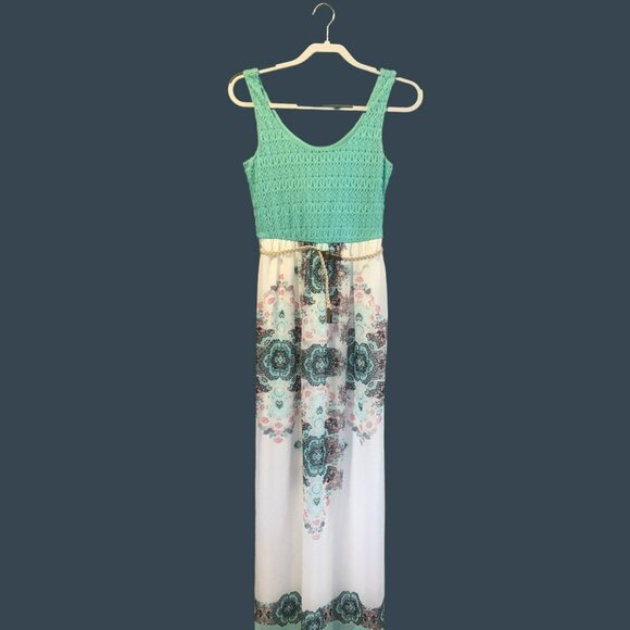 Lily Rose Tank Maxi Dress Sz S Crochet Top Boho Print Mint Green 70s Vibe Lined - Picture 1 of 10